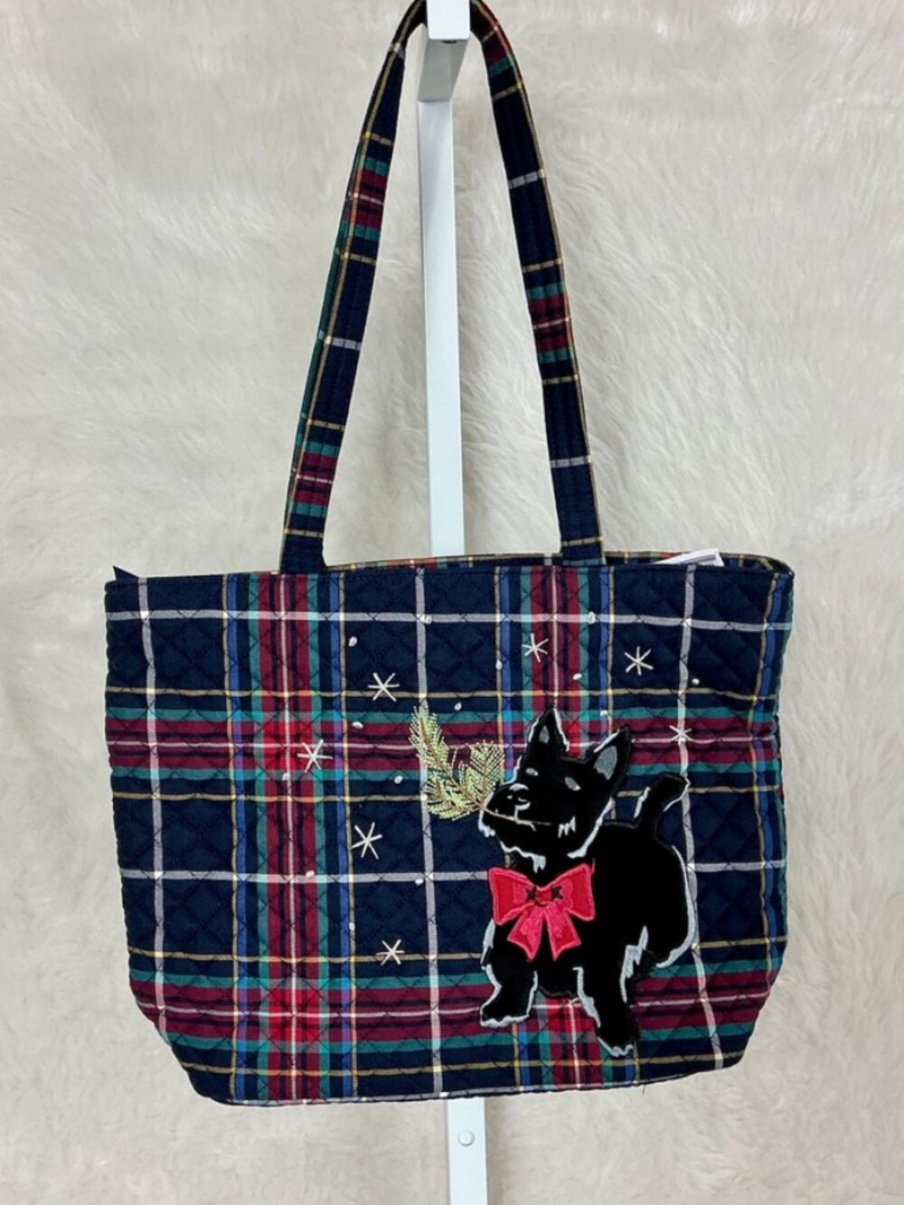 Vera Bradley Blue Red Plaid Small Vera Tote Quilted Velvet Scottie Dog NWT